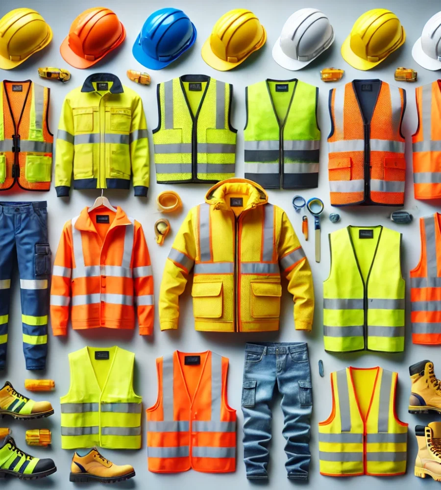 DALL·E 2025-01-02 12.39.06 - A detailed composition showcasing various high-visibility safety clothing and equipment for construction and industrial workers. Include bright orange